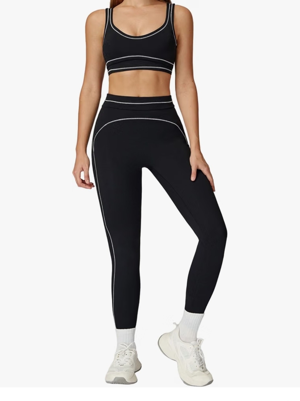 Amazon Black High-Waist Leggings with White Contrast Seams